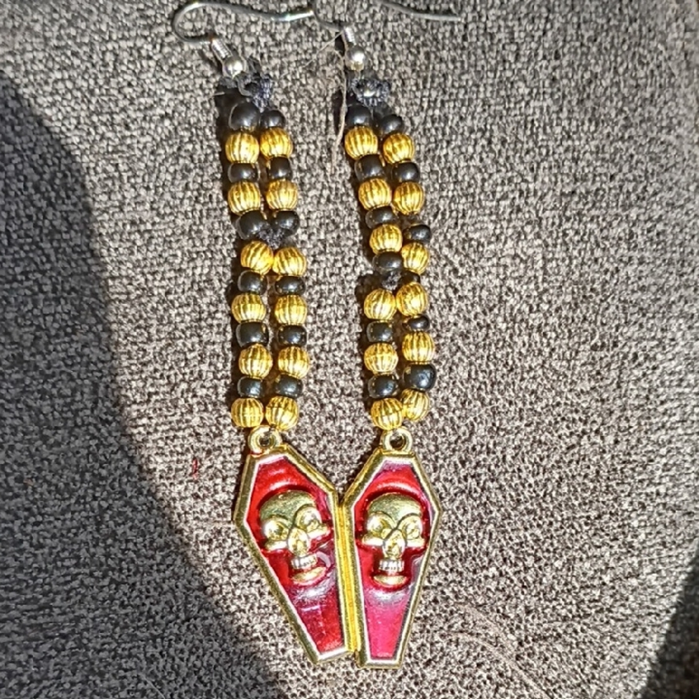 Gold and Red Skull Earrings